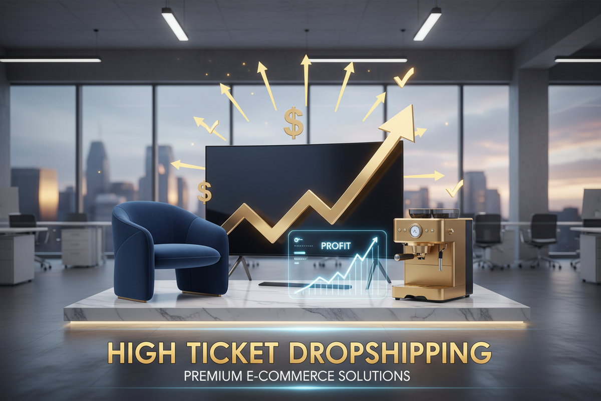 High ticket dropshipping concept with profit chart, luxury chair, and espresso machine in modern office.