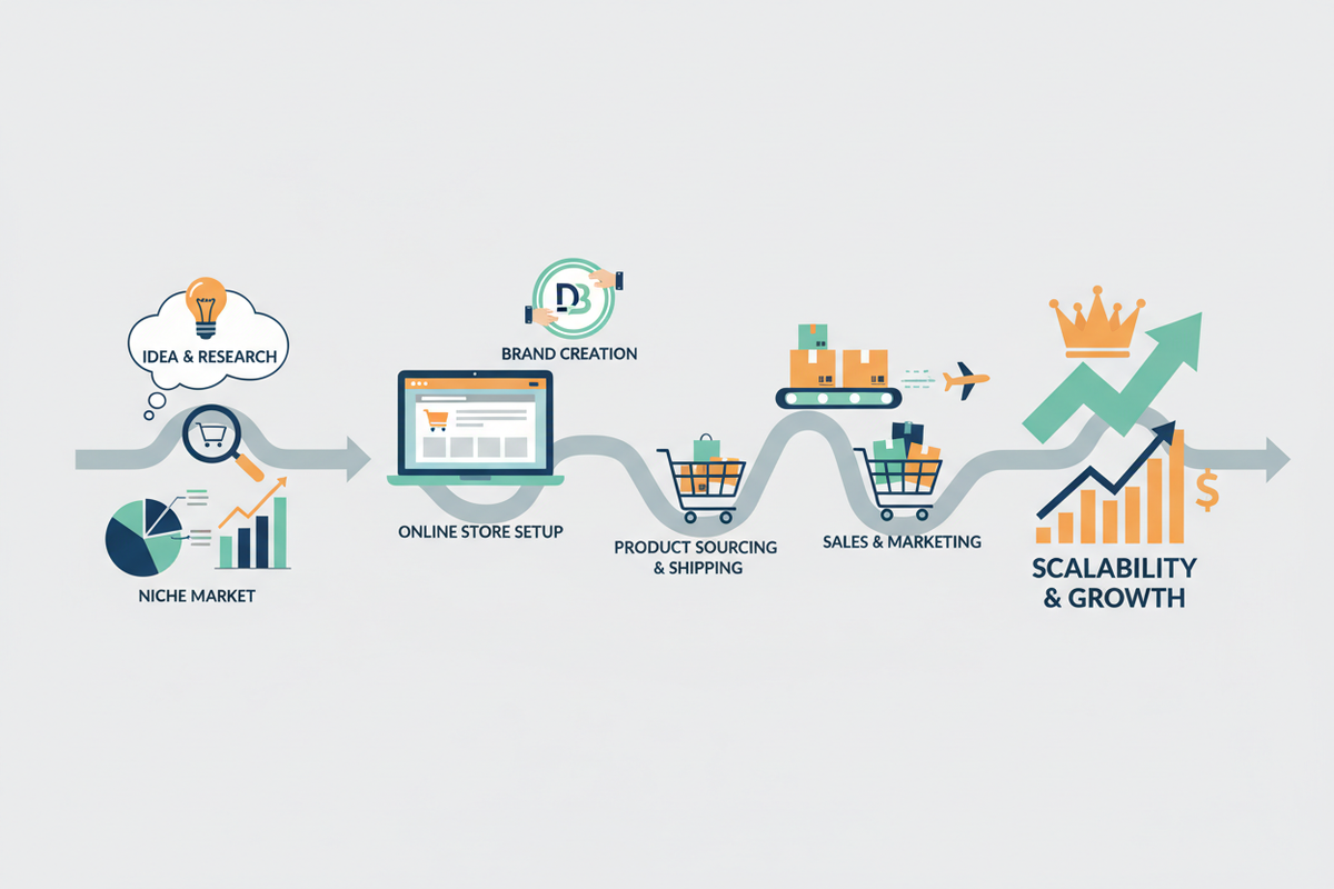Dropshipping brand building infographic showing idea, research, store setup, sourcing, marketing, growth