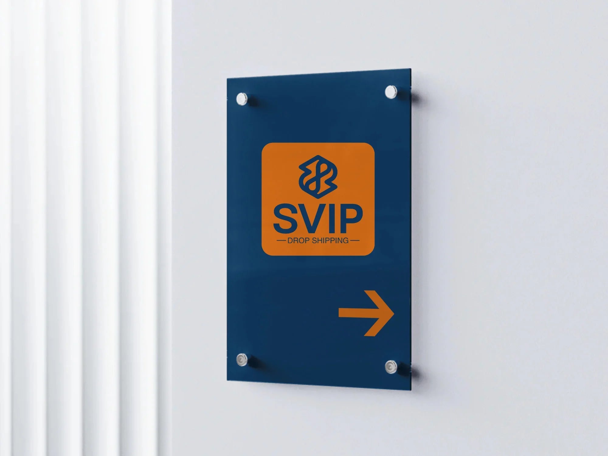 SVIP DROPSHIPPING blue and orange sign on wall with arrow pointing right